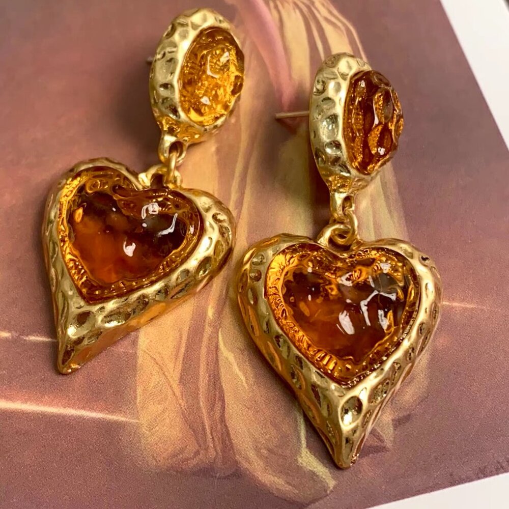 Vintage-Inspired Textured Gripoix Glass Heart Earrings | 925 Sterling Silver